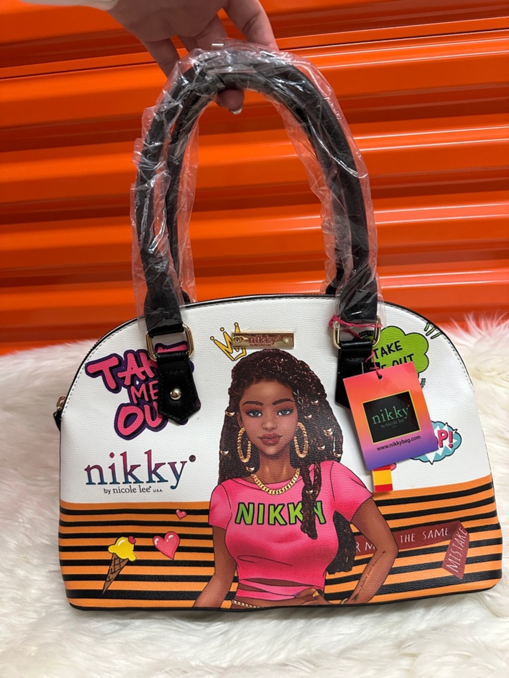 Nikky by Nicole Lee White & Pink Graphic Dome Satchel with Black Handles